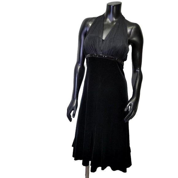 Vintage 90s Blondie Nites M Black Velvet Empire Waist Mesh Halter Cocktail Dress - Picture 1 of 9
